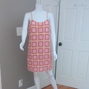 Aqua Pink and Cream Crochet Mini Dress